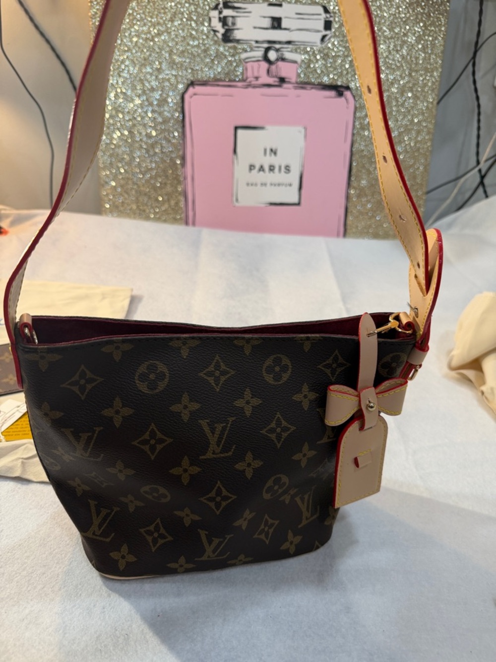 Lv  Brown Monogram Canvas with Red Trim and Beige Tag - Picture 4 of 6